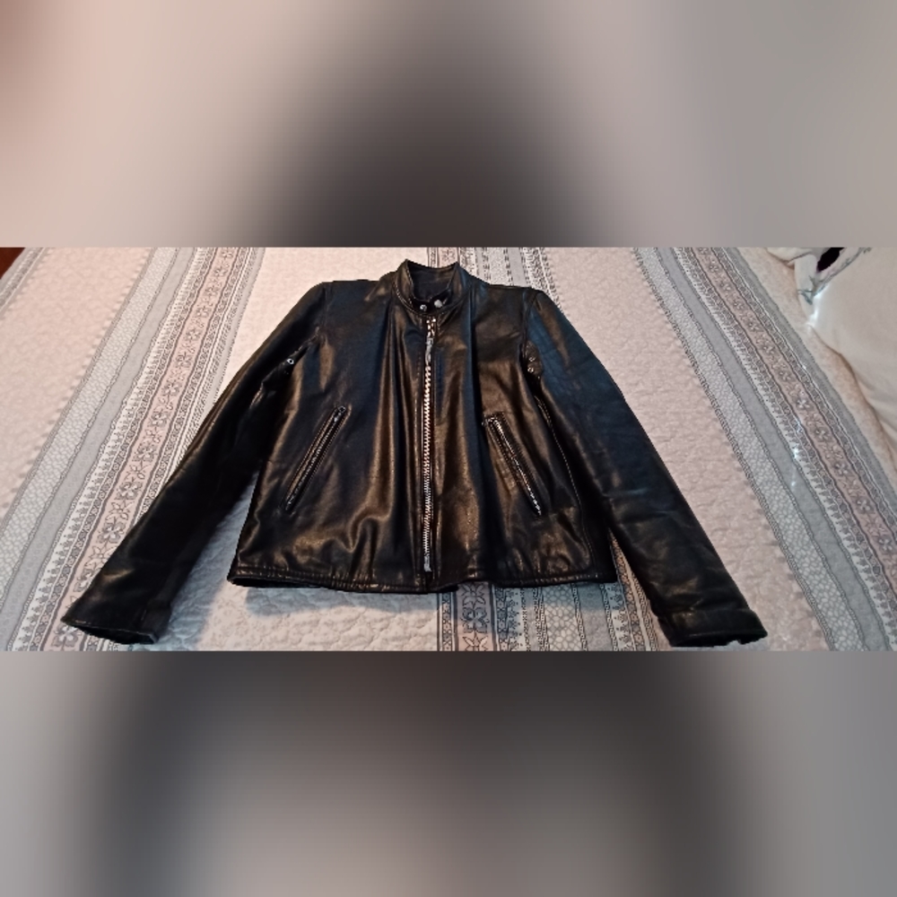 Mens Black Leather Motorcycle Jacket, size 44, Vagabond Leathers New Hampshire